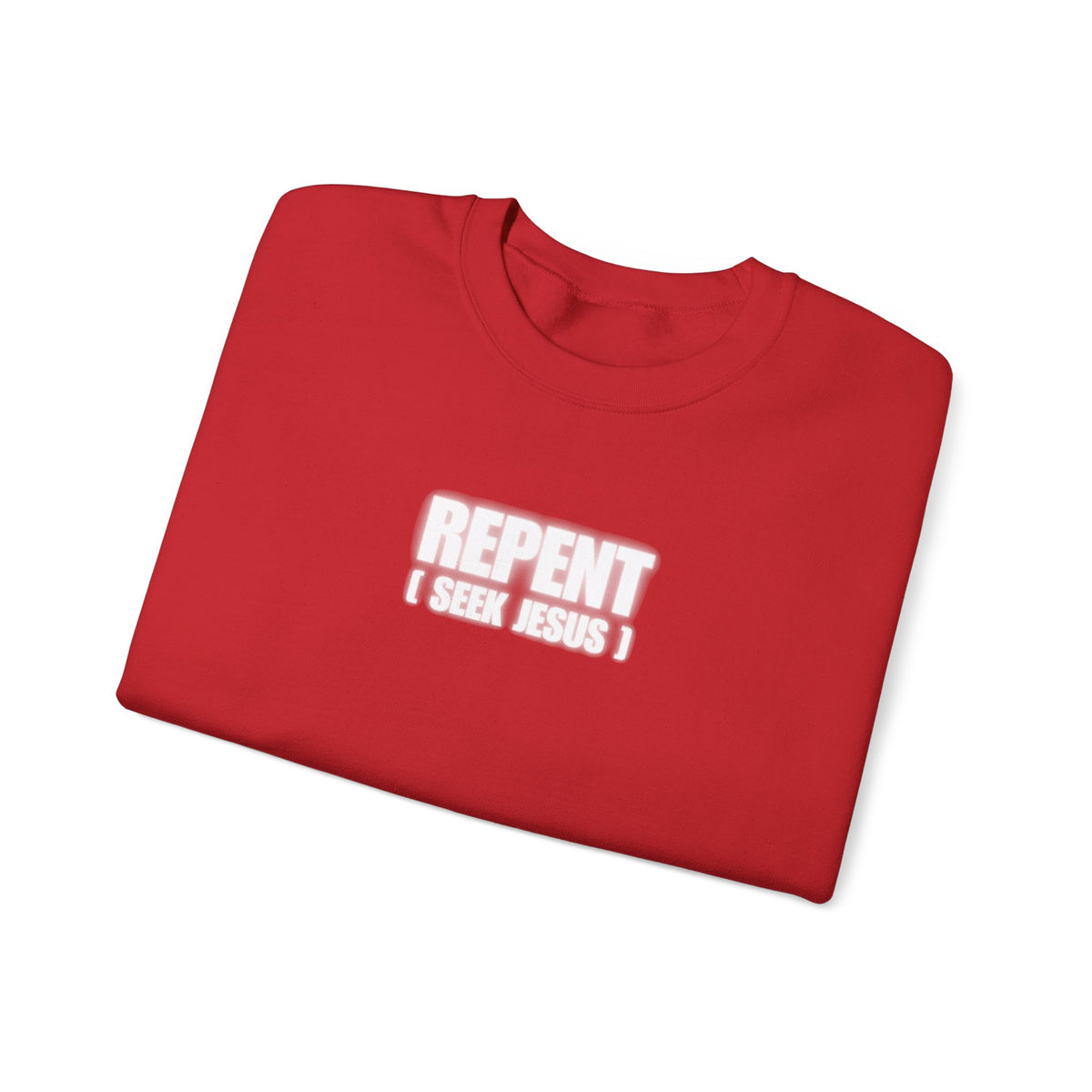 Red Repent sweater with "REPENT I SEEK JESUS" graphic