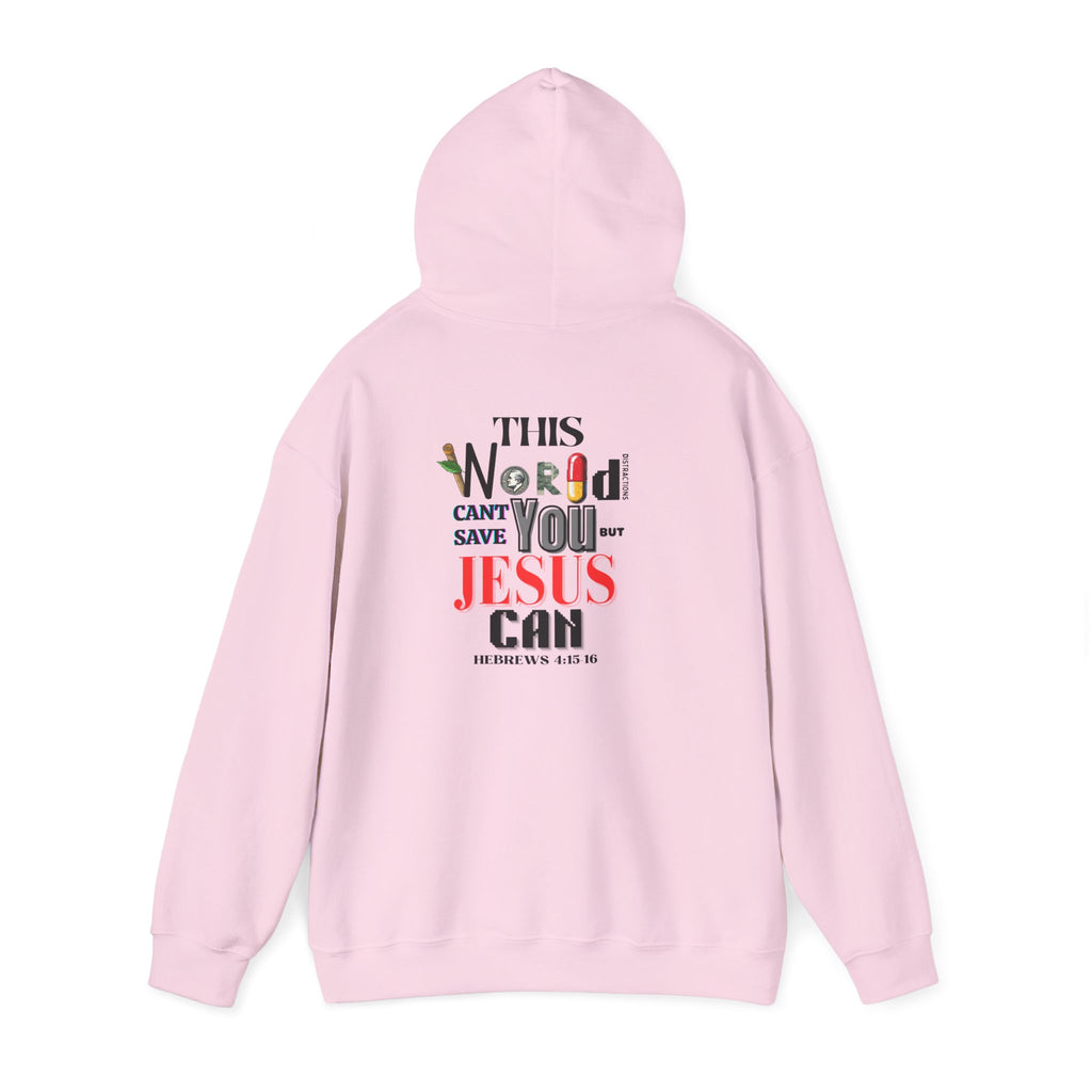 Light pink hoodie with hood and kangaroo pocket, 'This World...Jesus can' back print