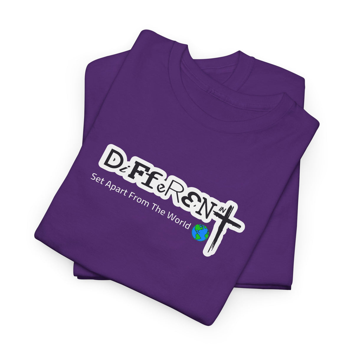 Purple crewneck T-shirt, folded look, with front typographic logo graphic