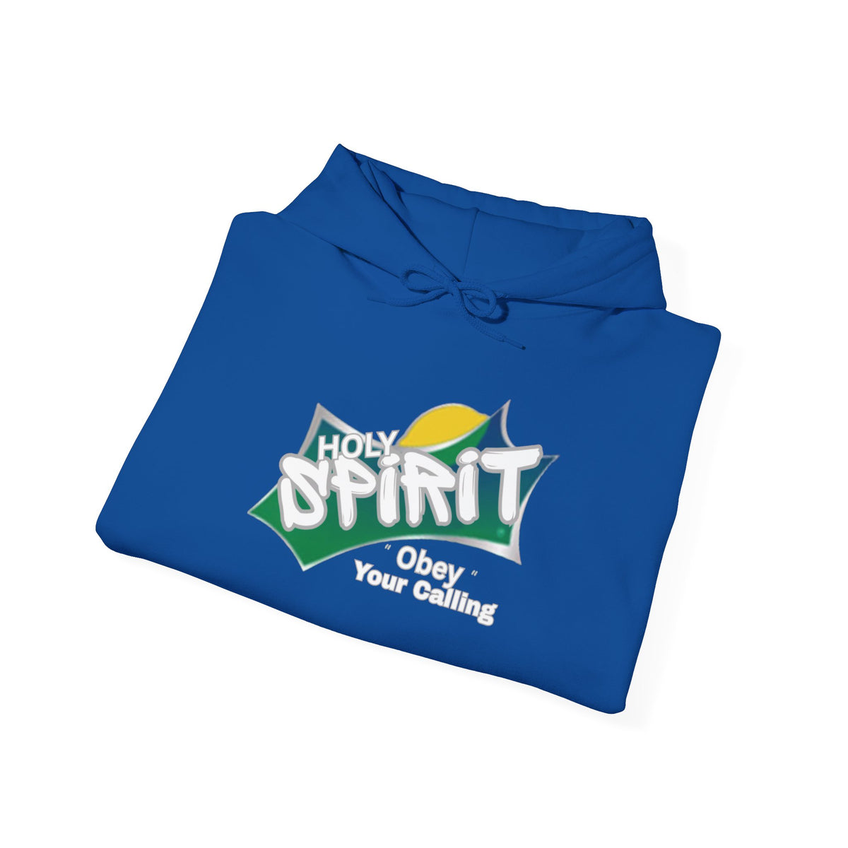 Royal blue hoodie with front graphic and drawstring hood