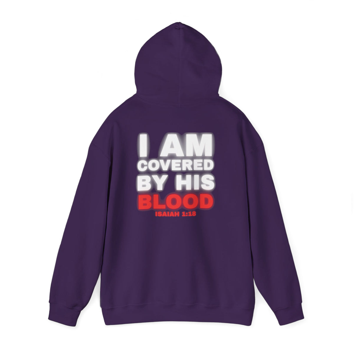 Purple hoodie with back print text "I AM COVERED BY HIS BLOOD"