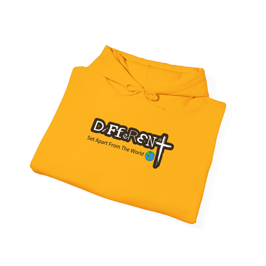 Orange folded hoodie with DiFfeR3Nt cross logo and Set Apart From The World text