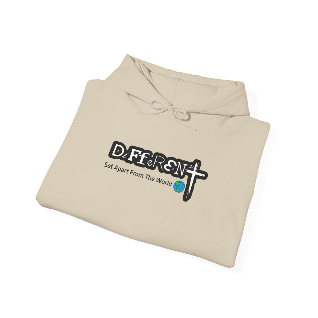 Light beige hoodie with front logo print and drawstring hood detail