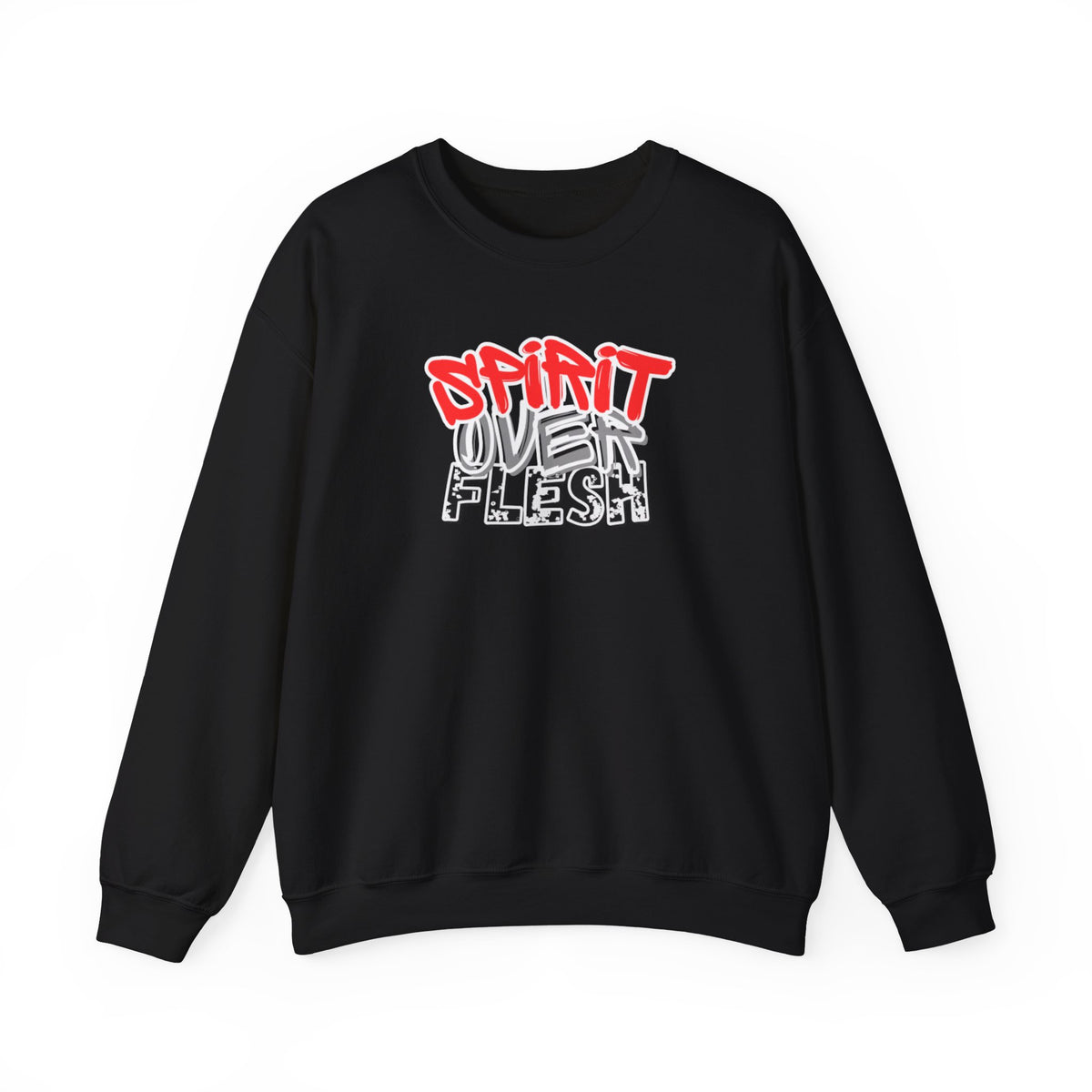 Black crewneck sweater with Spirit Over Flesh graphic print on chest
