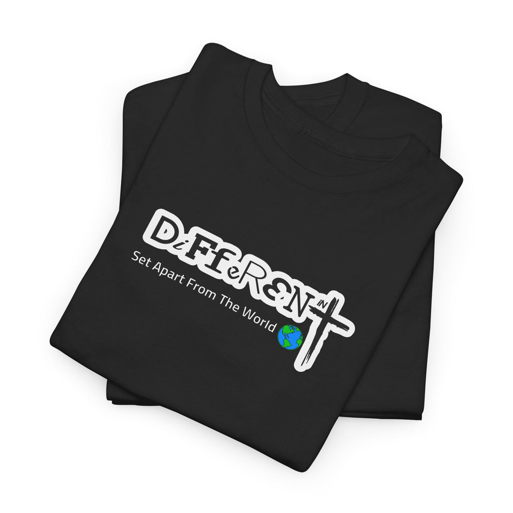 Black crewneck T-shirt, folded look, with front typographic logo graphic