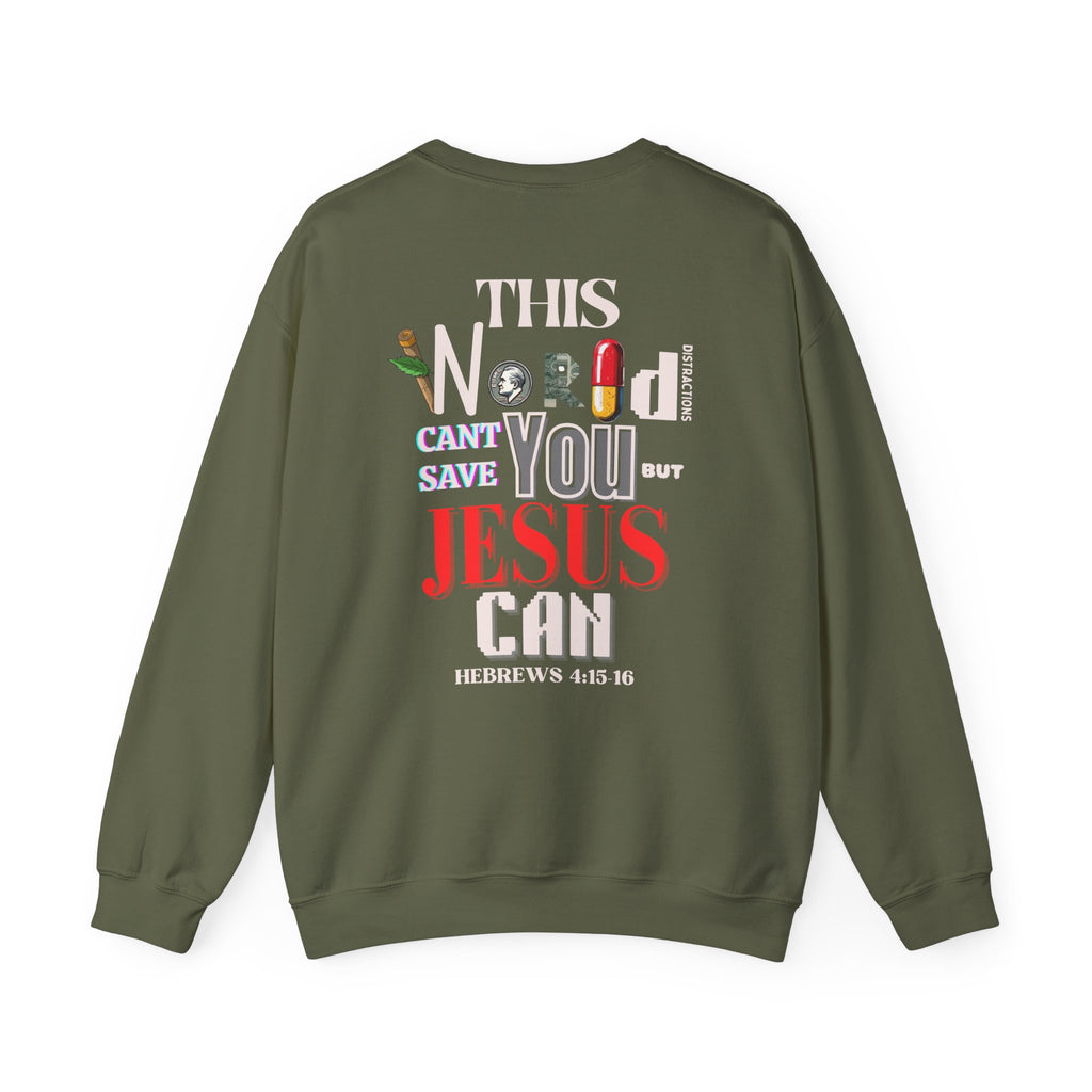Olive green crewneck sweater with large back graphic print