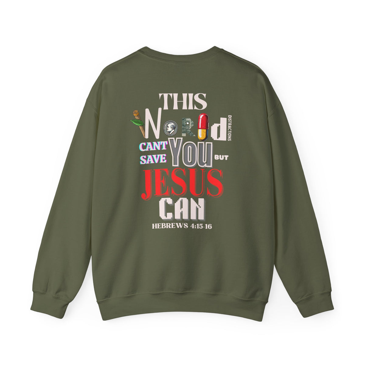 Olive green crewneck sweater with large back graphic print