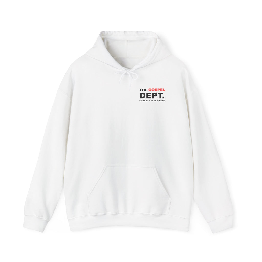 White hoodie with front chest logo "THE GOSPEL DEPT."