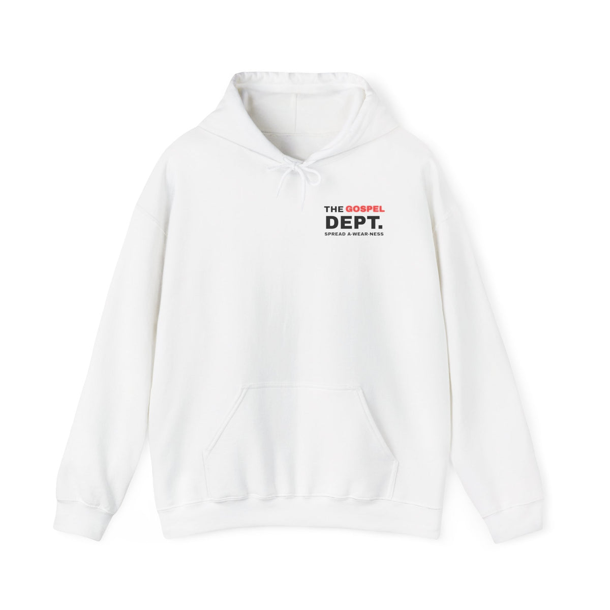 White hoodie with front chest logo "THE GOSPEL DEPT."