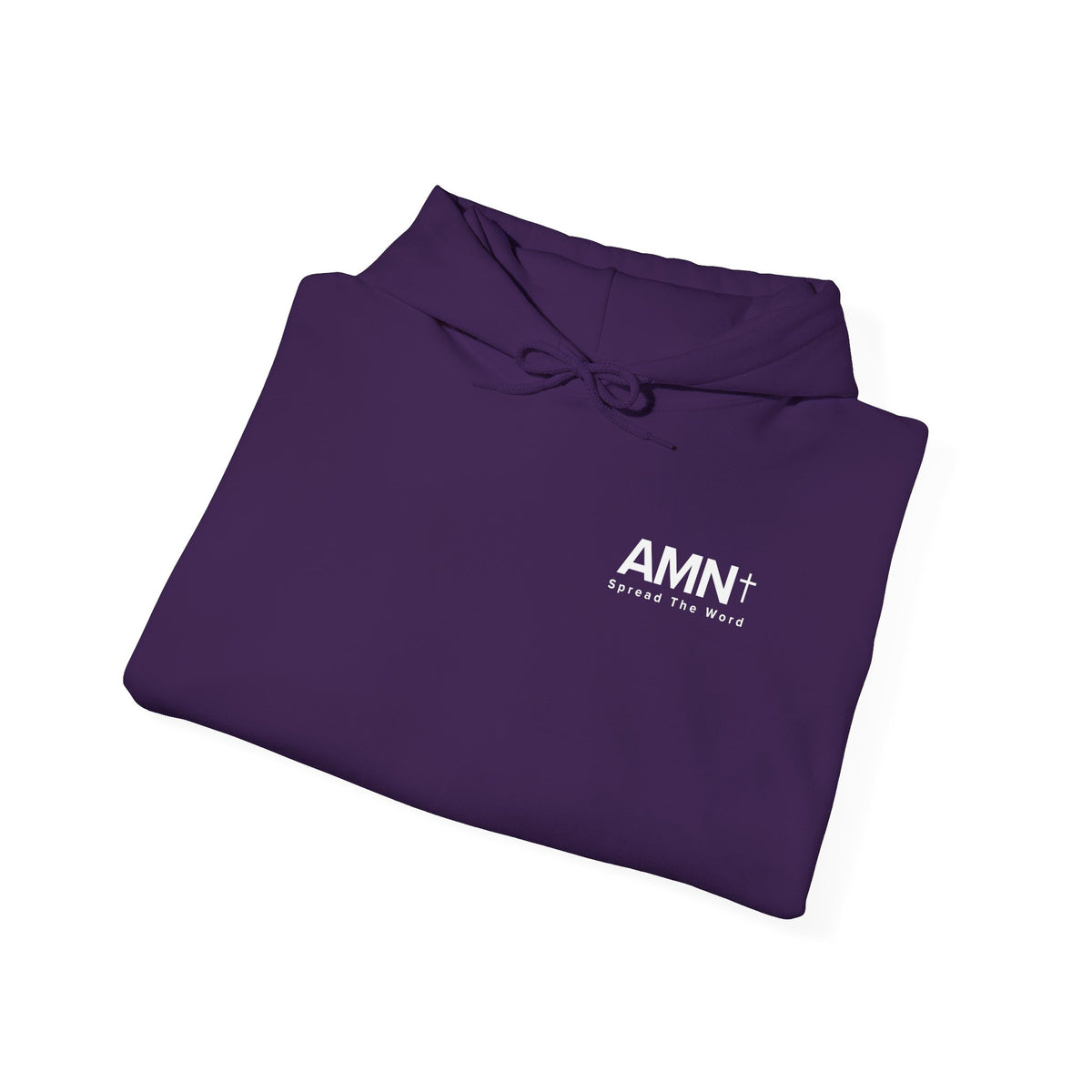 Purple pullover hoodie with AMN logo on front and hood drawstring