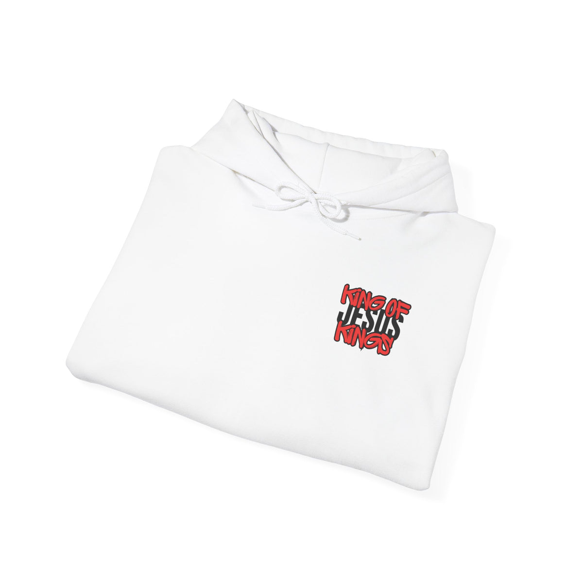 White hoodie with front graphic logo and drawstring hood