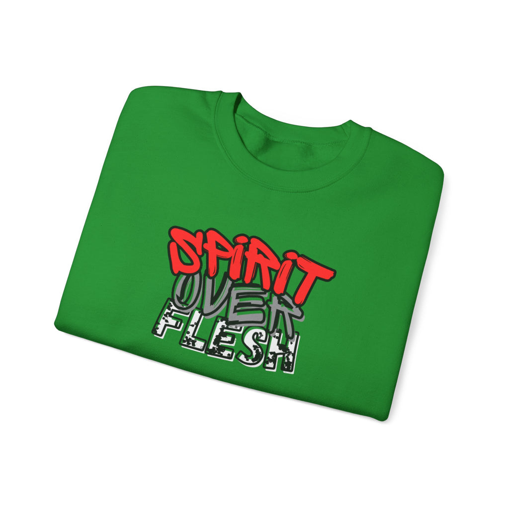 Bright green crewneck sweater with red and white graphic logo on chest