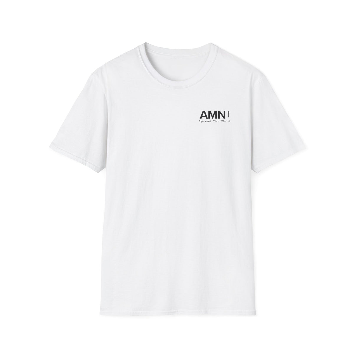 AMN T-shirt in white with small AMN+ logo on the chest