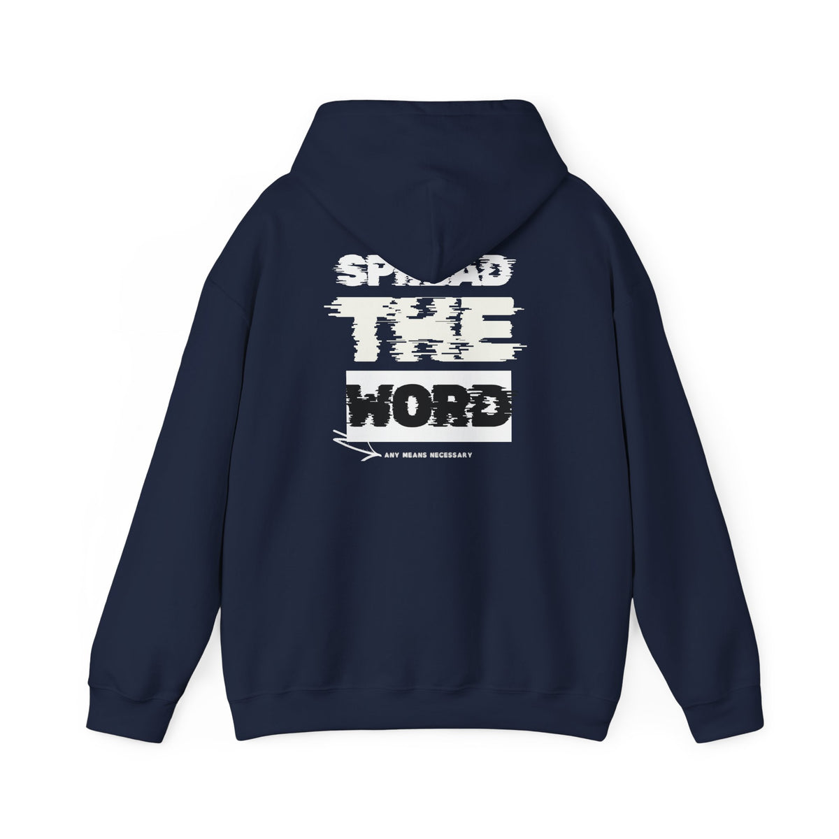 Navy hoodie back graphic print reading “SPREAD THE WORD”, drawstring hood.