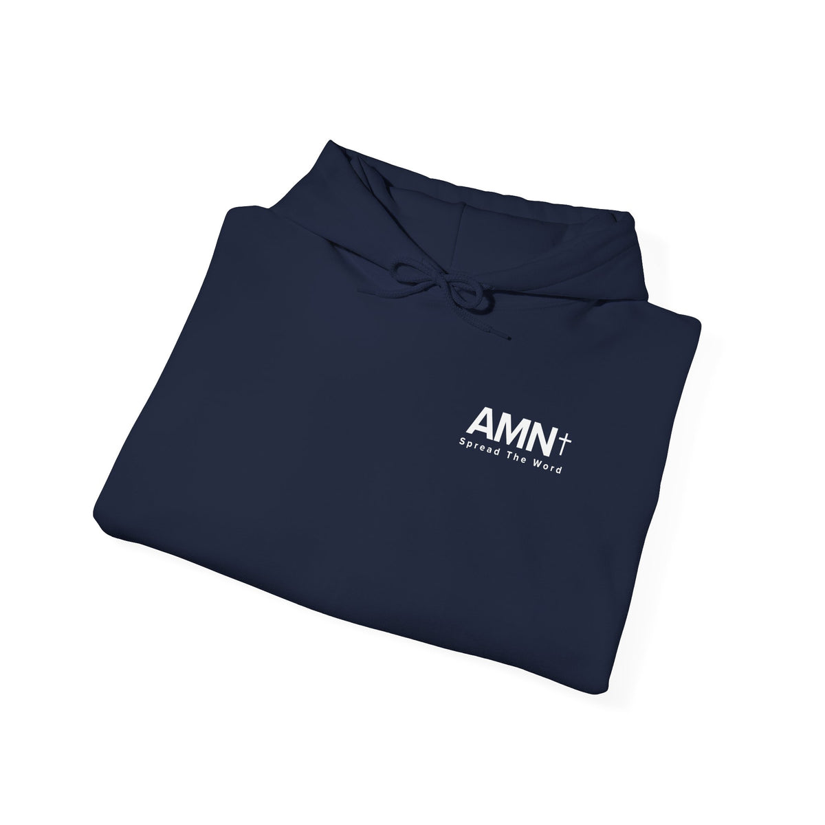 AMN+ navy folded hoodie with drawstring hood and small AMN+ logo on chest.