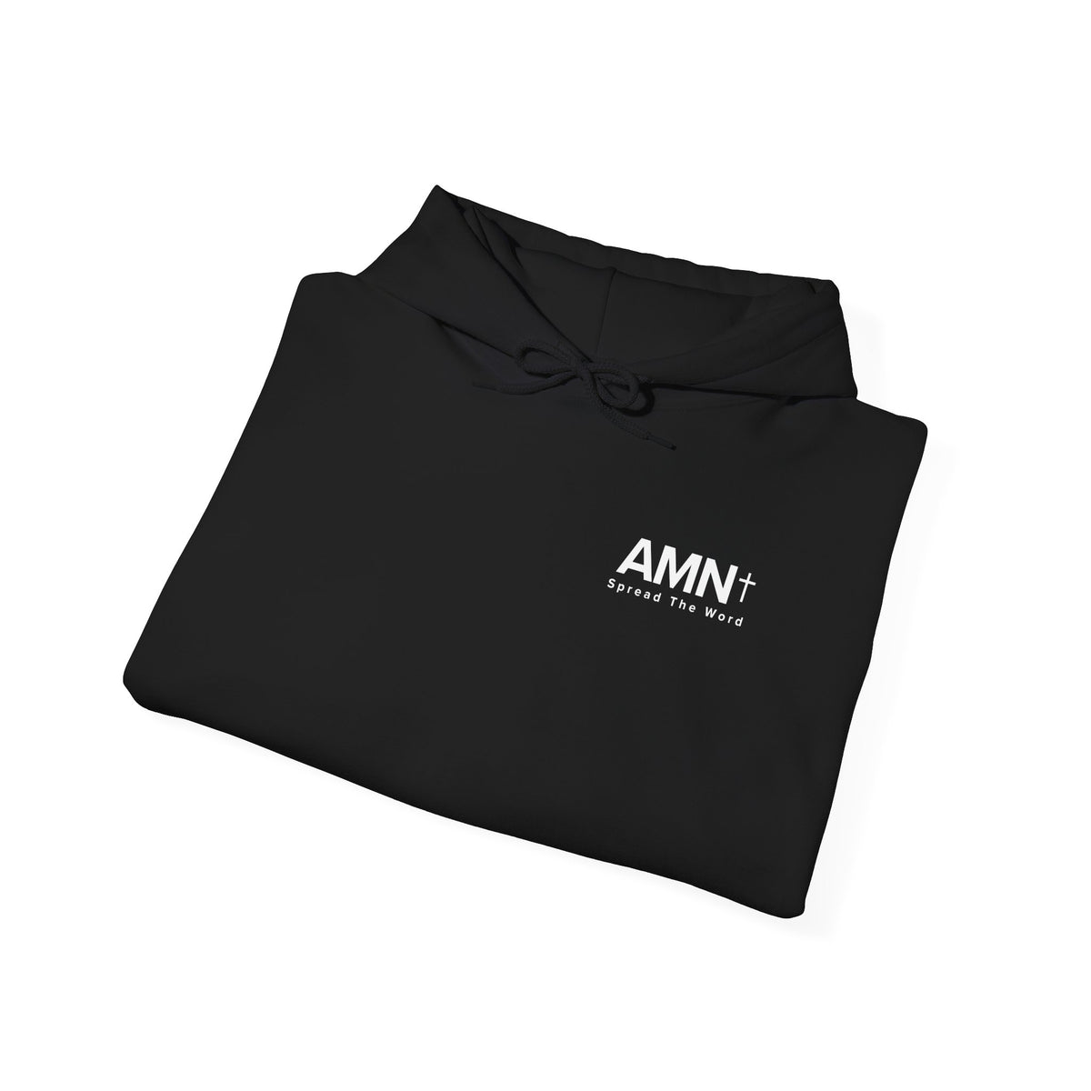 AMN+ black folded hoodie with drawstring hood and small AMN+ logo on chest.