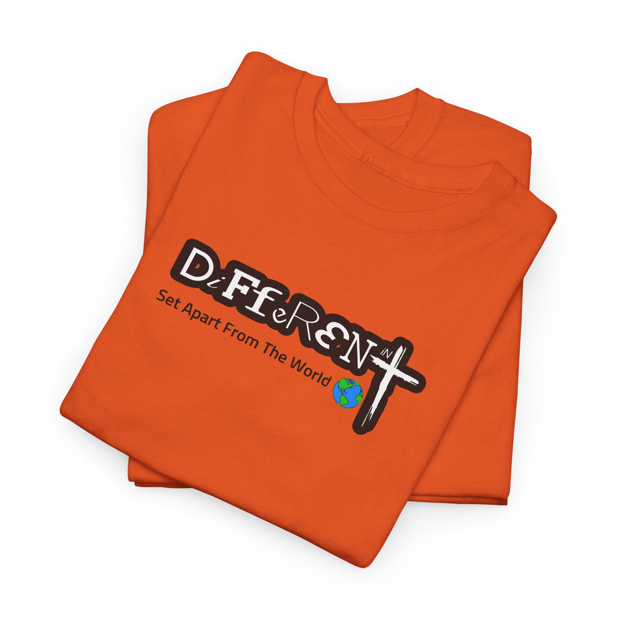 Orange crewneck T-shirt, folded look, with front typographic logo graphic