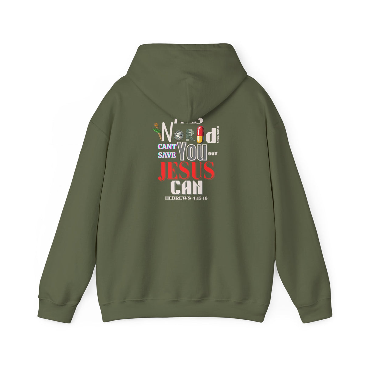 Olive green hoodie with hood and back graphic text and Jesus-themed lettering