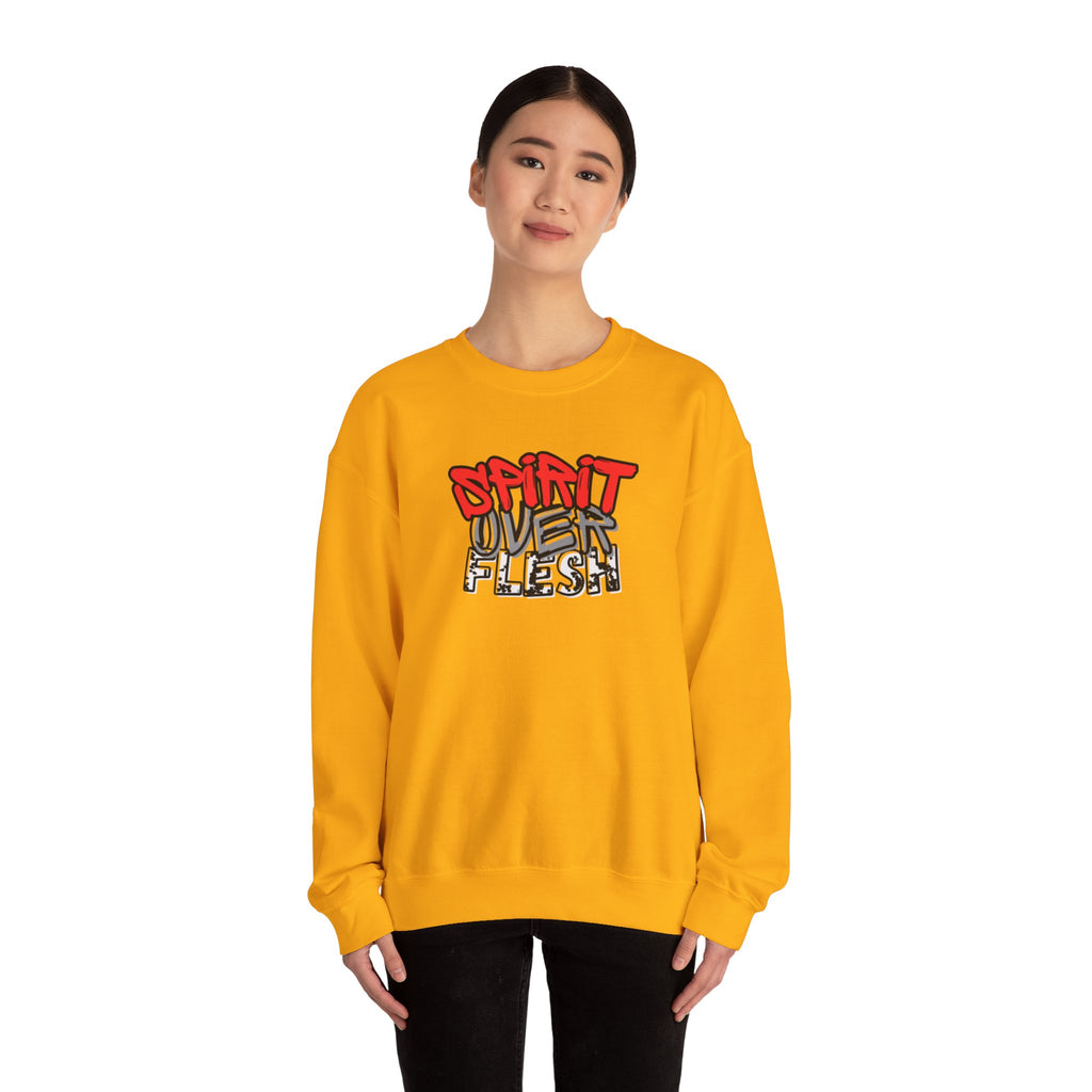 Mustard yellow crewneck sweater with Spirit Over Flesh graphic on chest