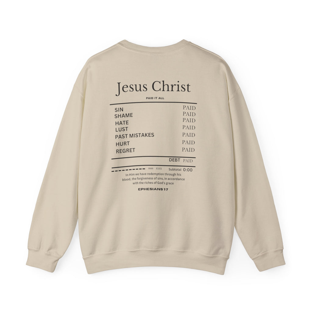 Beige crewneck sweater with “Jesus Christ” text and list graphic on the back