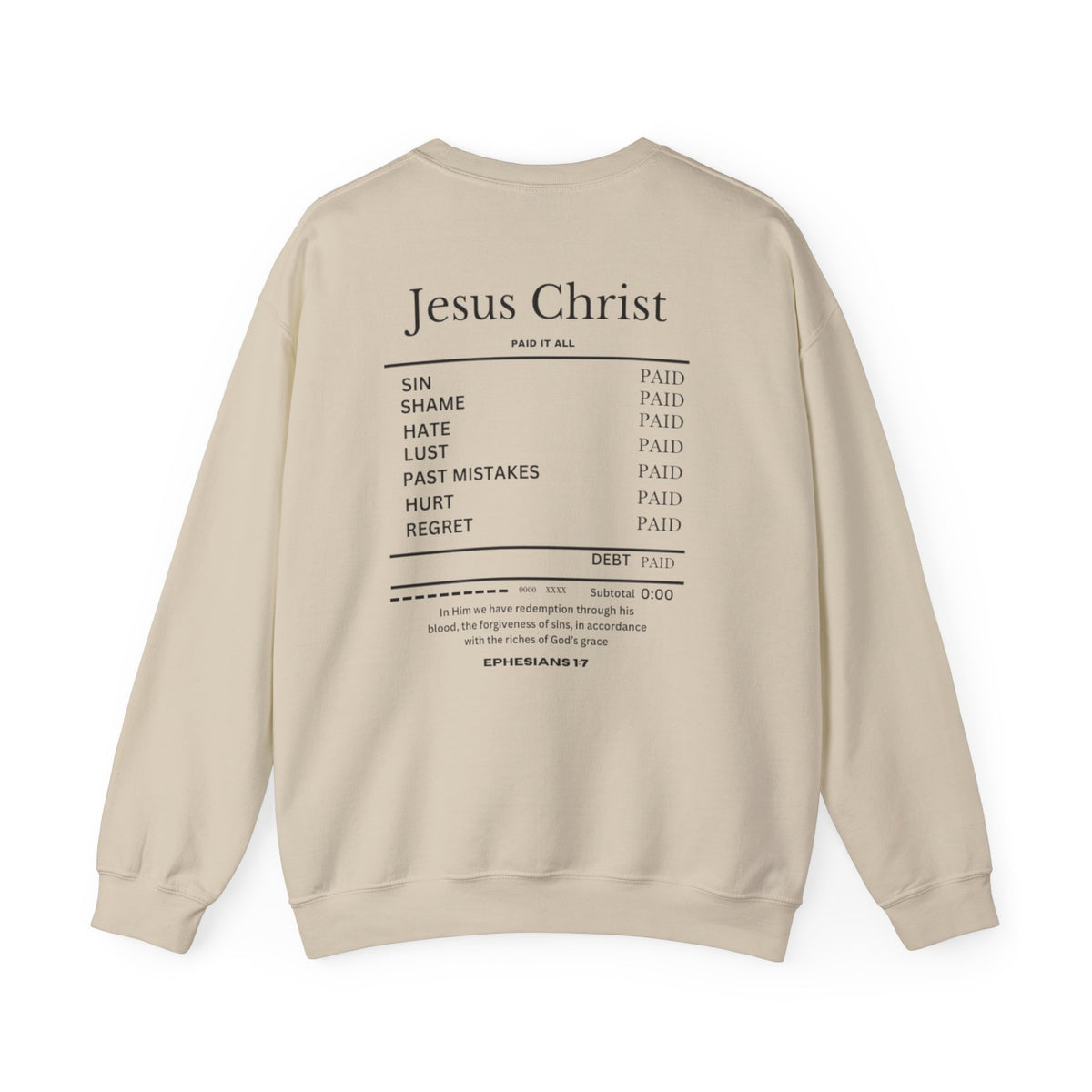 Beige crewneck sweater with “Jesus Christ” text and list graphic on the back