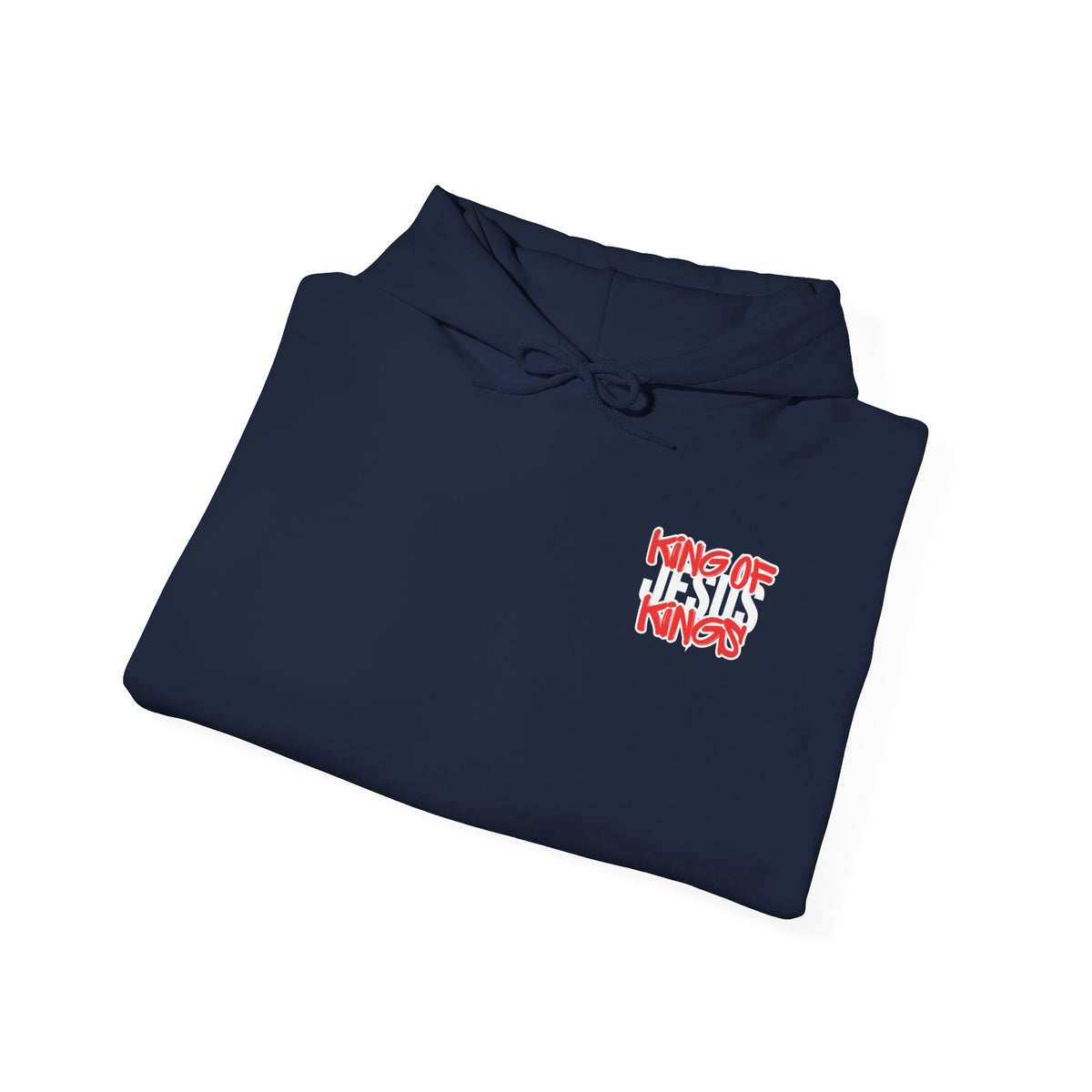 Navy hoodie folded; hood with drawstring and small chest graphic