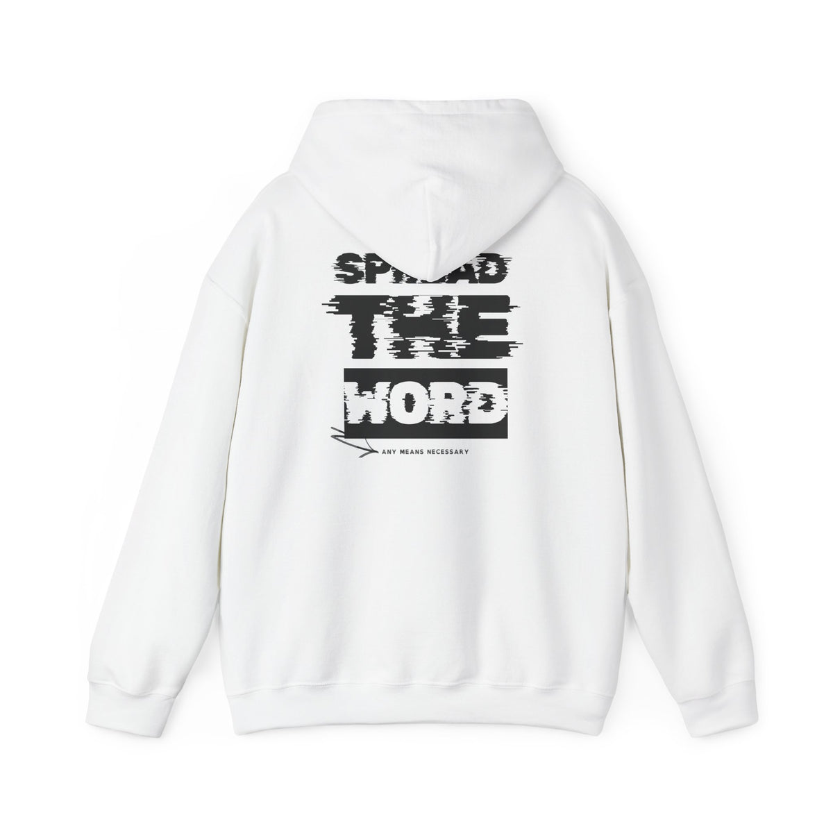 White hoodie back graphic print reading “SPREAD THE WORD”, drawstring hood.