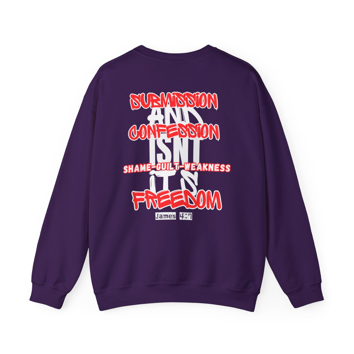 Purple sweater with colorful back graphic and stacked text design