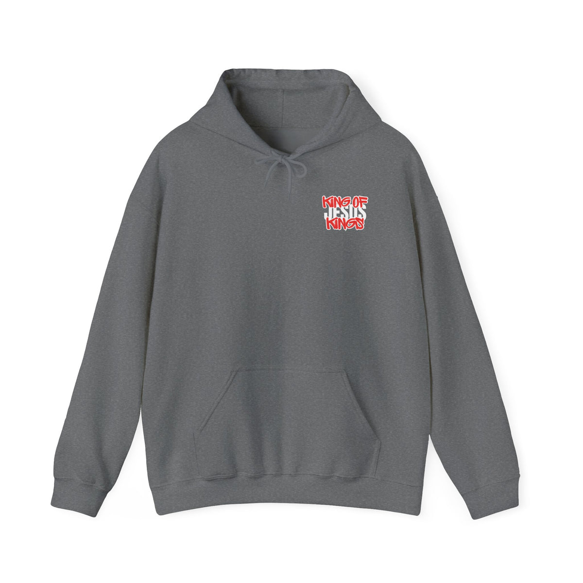 Gray hoodie sweatshirt with front chest graphic, hood drawstrings, kangaroo pocket