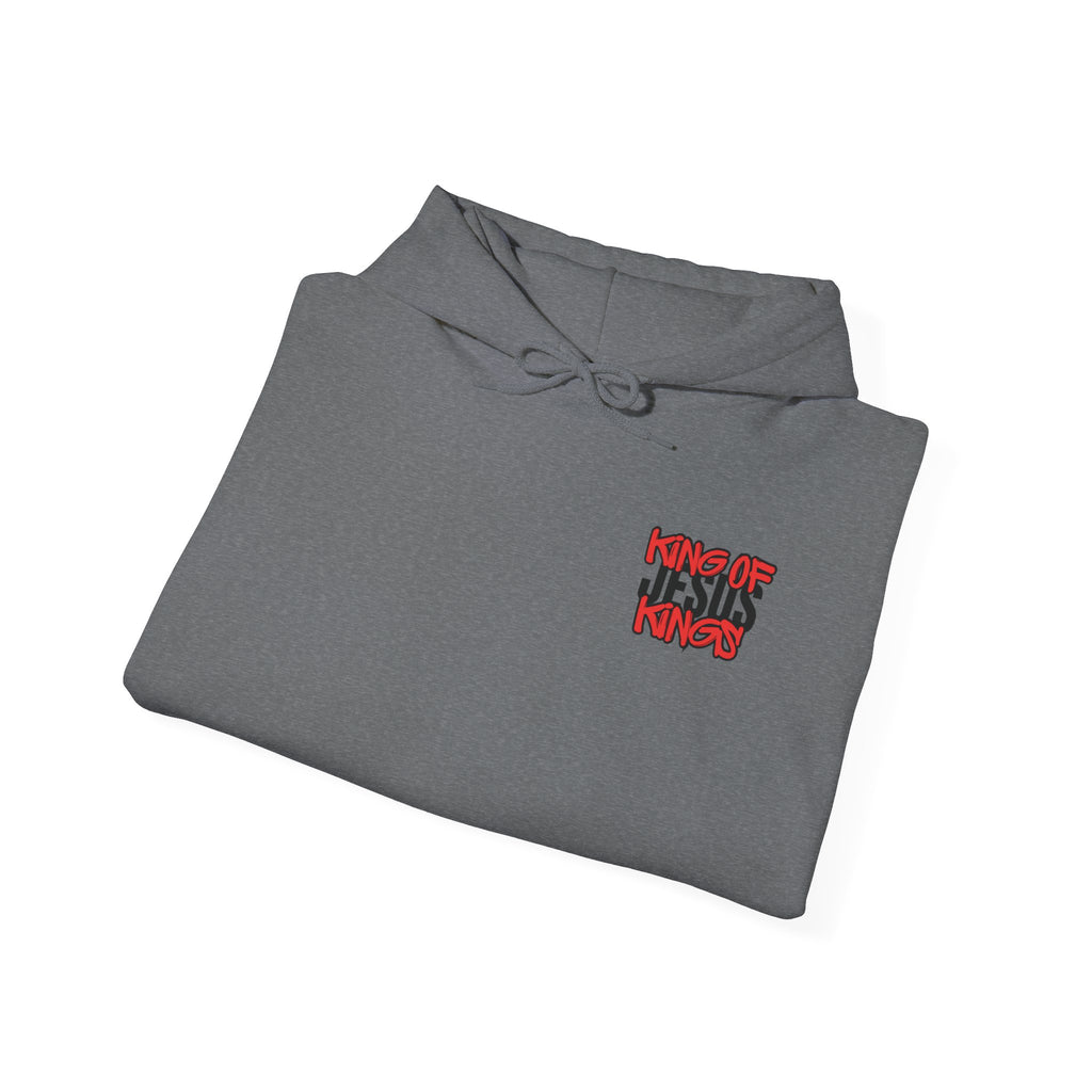 Charcoal gray pullover hoodie folded, small chest graphic and hood ties