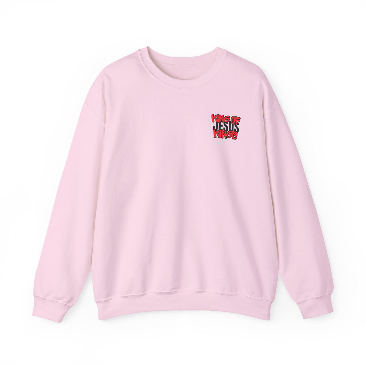 Light pink crewneck sweatshirt with small front graphic logo