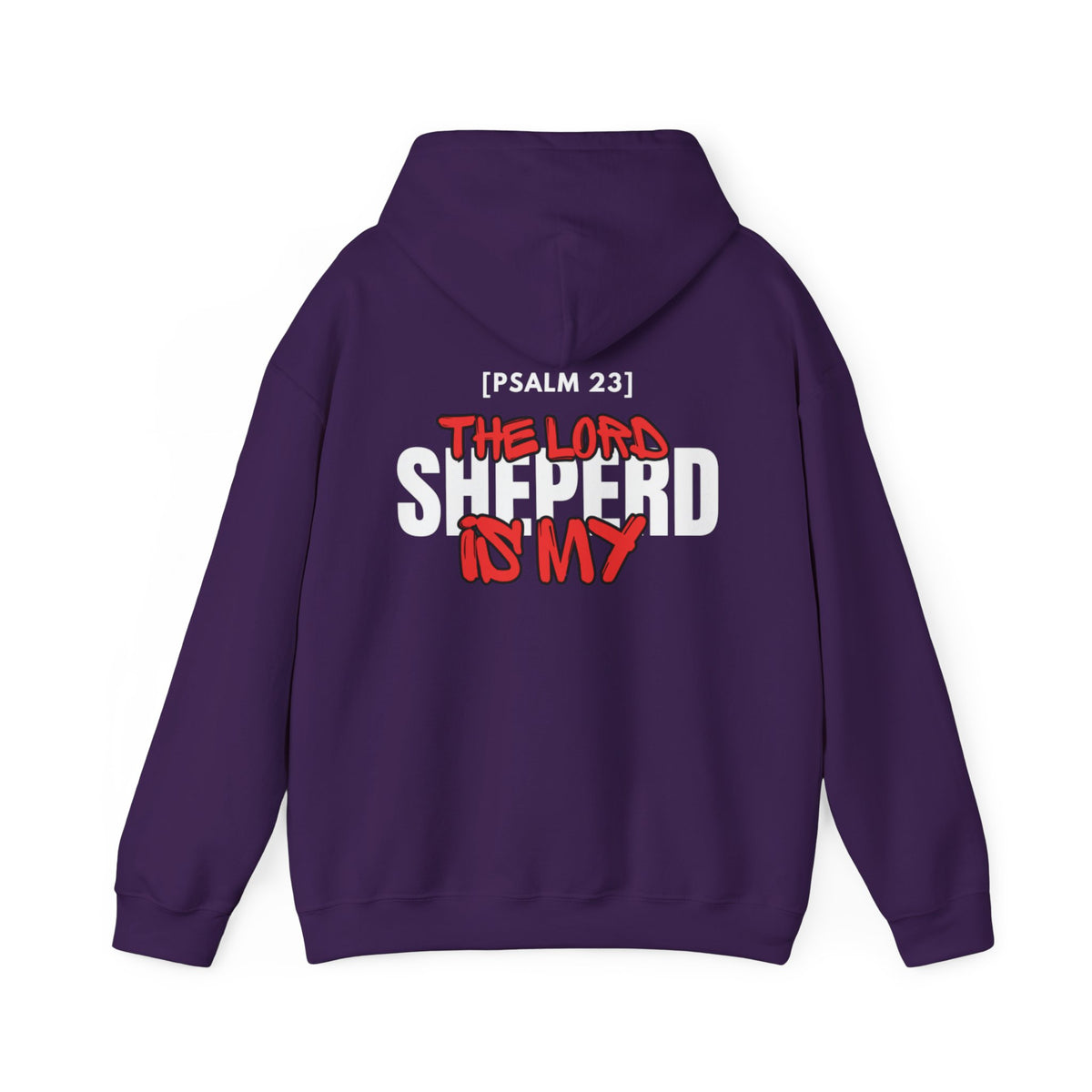 Purple pullover hoodie with hood and printed chest graphic, back view