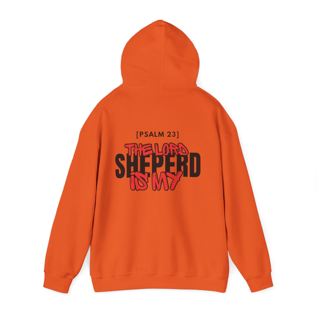 Orange pullover hoodie with hood and large back graphic, [PSALM 23] text