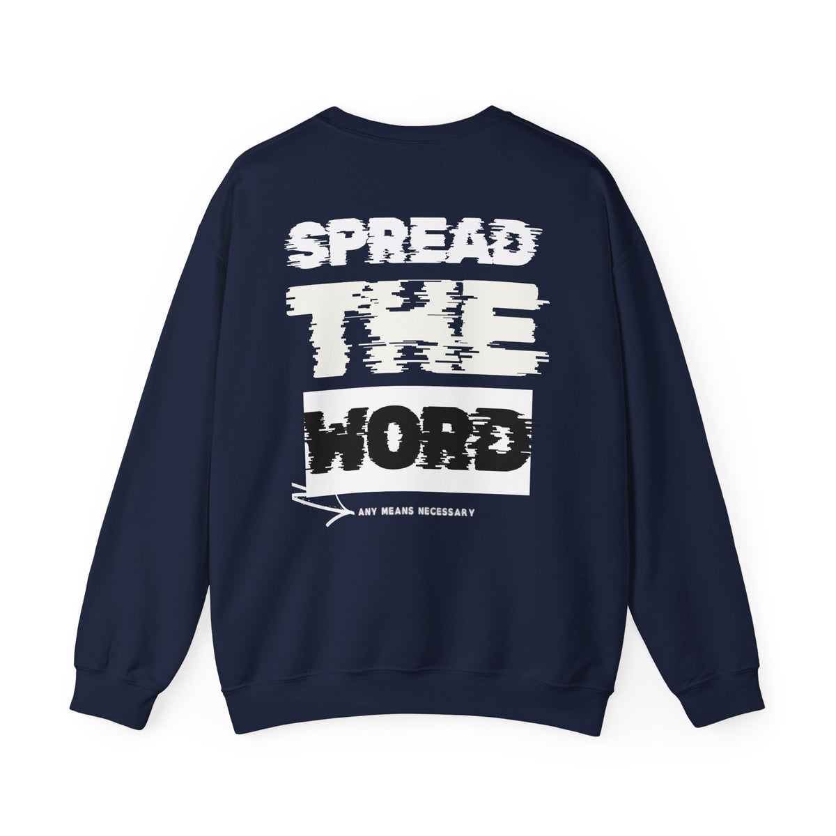 Navy crewneck sweatshirt with large back graphic text