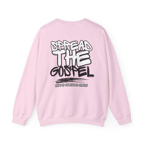 Sweater in light pink with crew neck and large back text-and-cross graphic