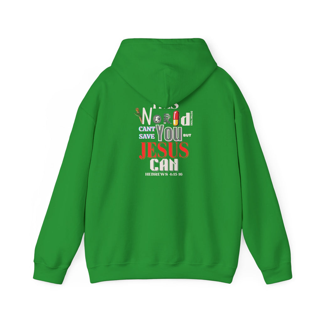 Bright green hoodie with hood and center back print with multicolor lettering