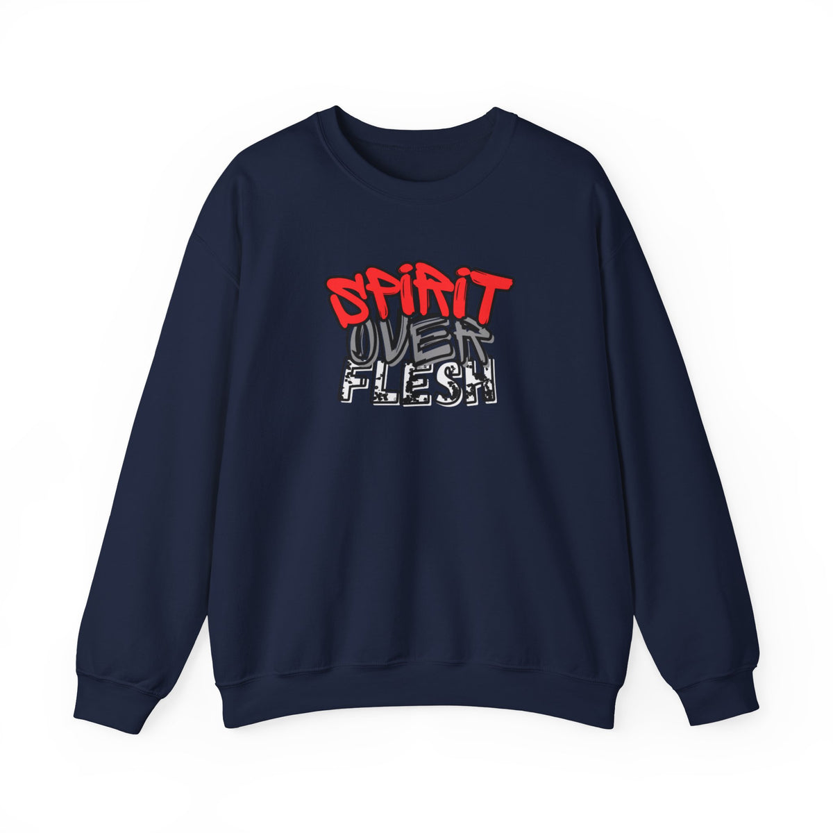 Navy crewneck sweater with Spirit Over Flesh graphic print on chest