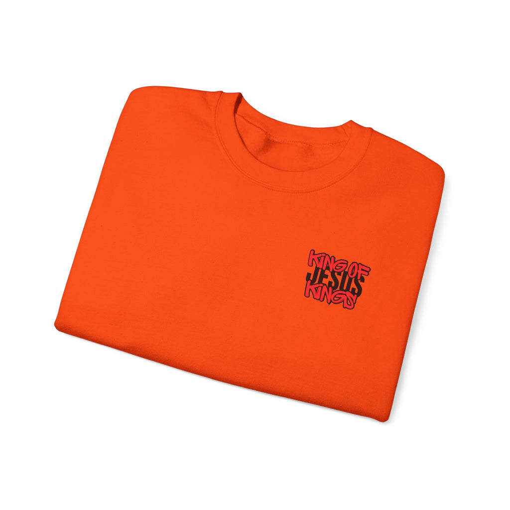 Orange crewneck t-shirt with small front graphic logo