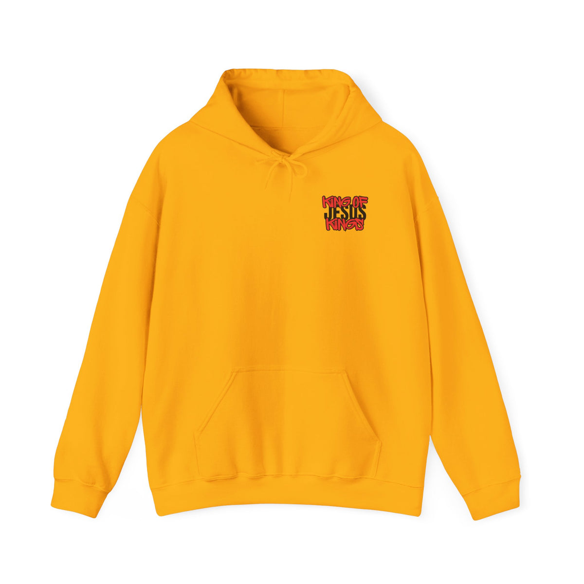 Yellow hoodie with hood, front kangaroo pocket, and small chest logo
