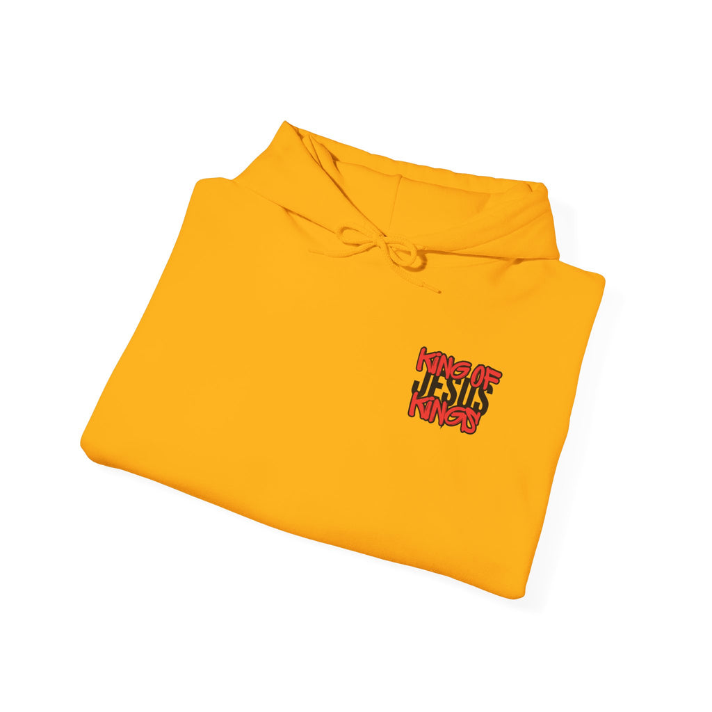 Mustard yellow hoodie with front logo graphic and drawstring hood