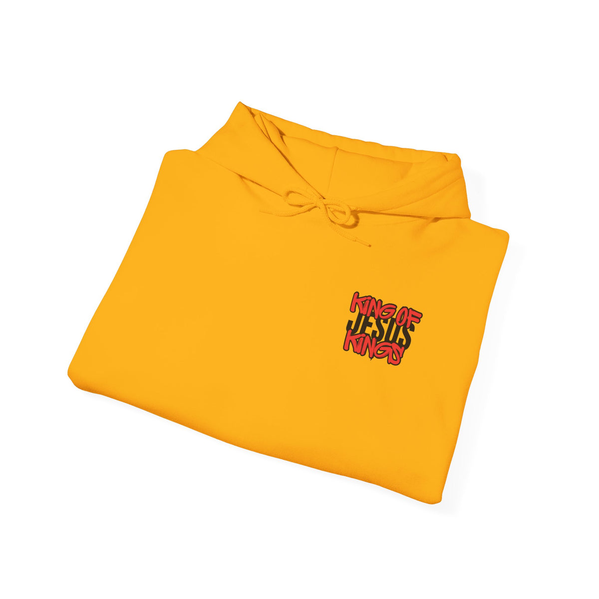 Mustard yellow hoodie with front logo graphic and drawstring hood