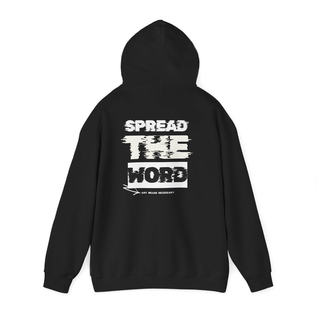 Black hoodie with hood and back graphic logo print, full sleeves and hem.