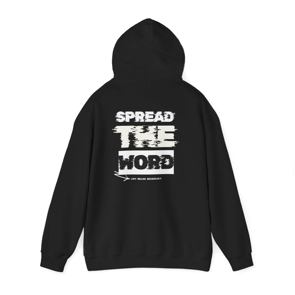 Black hoodie with hood and back graphic logo print, full sleeves and hem.