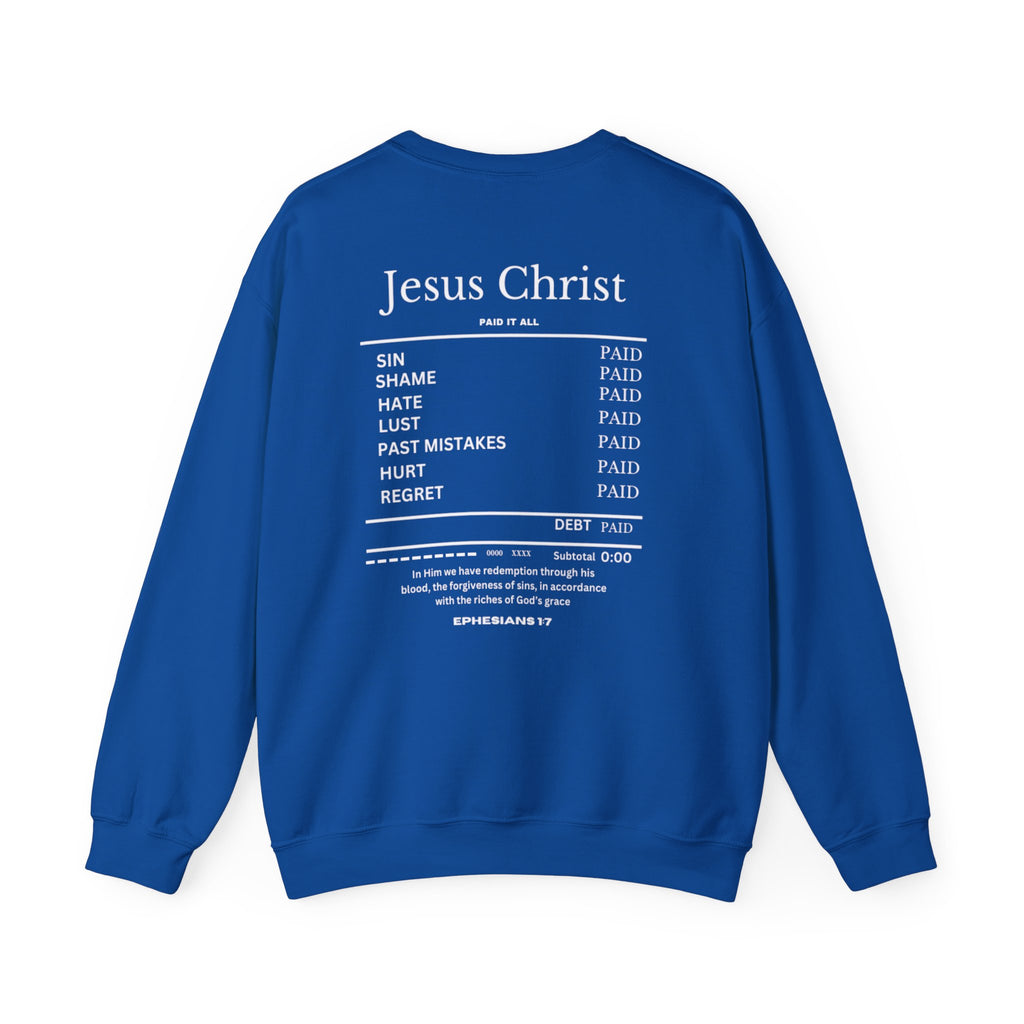Royal blue sweater with "Jesus Christ" text and list graphic on back