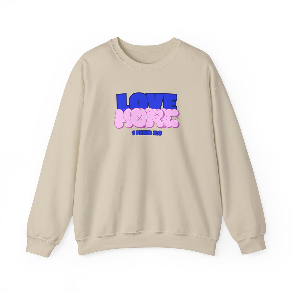 Love More sweater in sand, crewneck with blue LOVE graphic and pink plush-style shapes