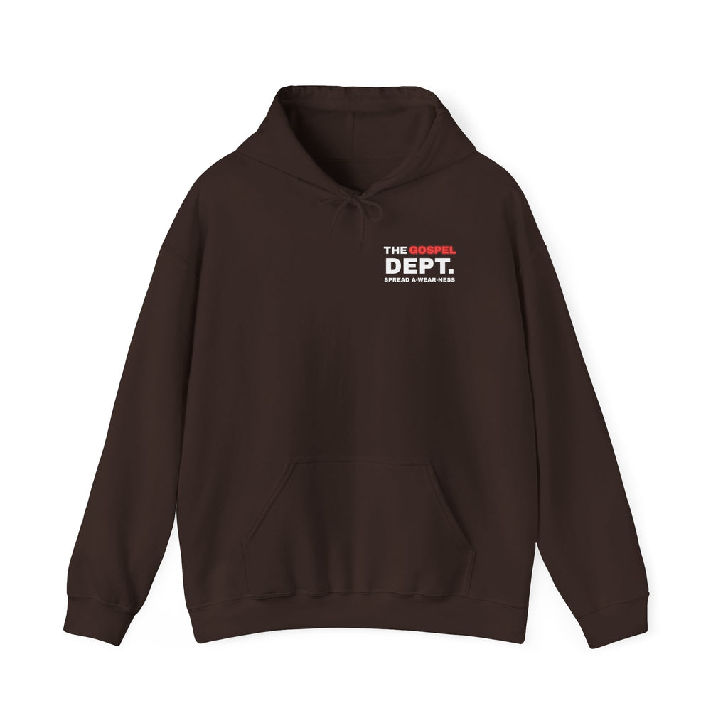 Hoodie in dark brown with front chest logo text and kangaroo pocket