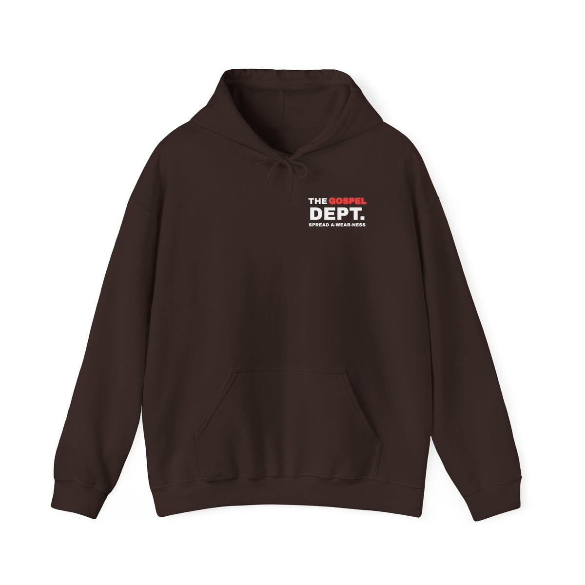 Hoodie in dark brown with front chest logo text and kangaroo pocket