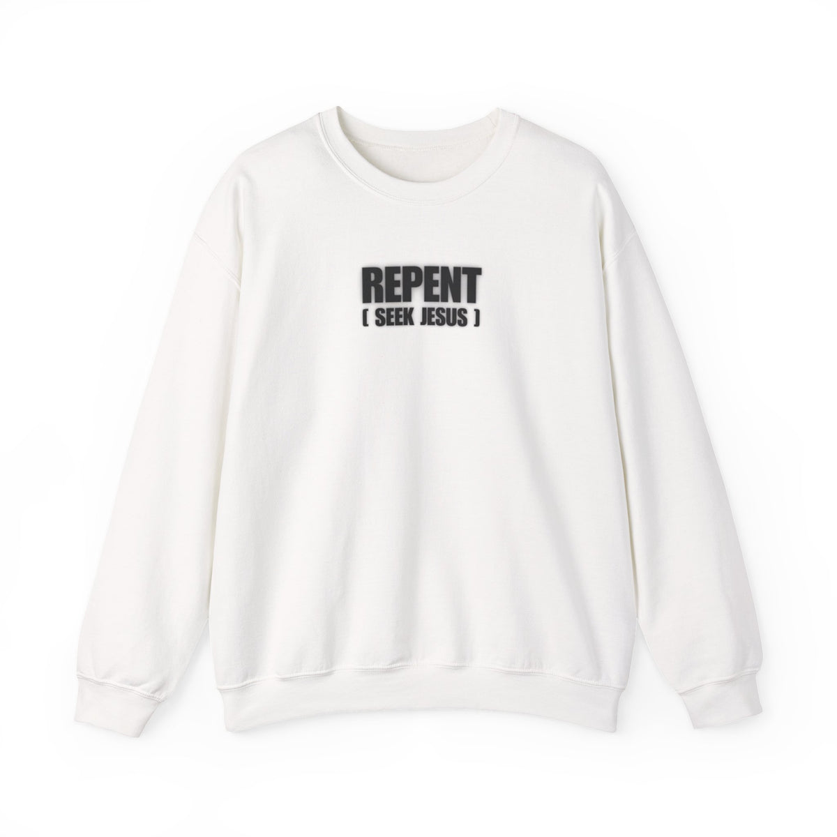 White crewneck sweater with REPENT graphic on the chest and ribbed cuffs
