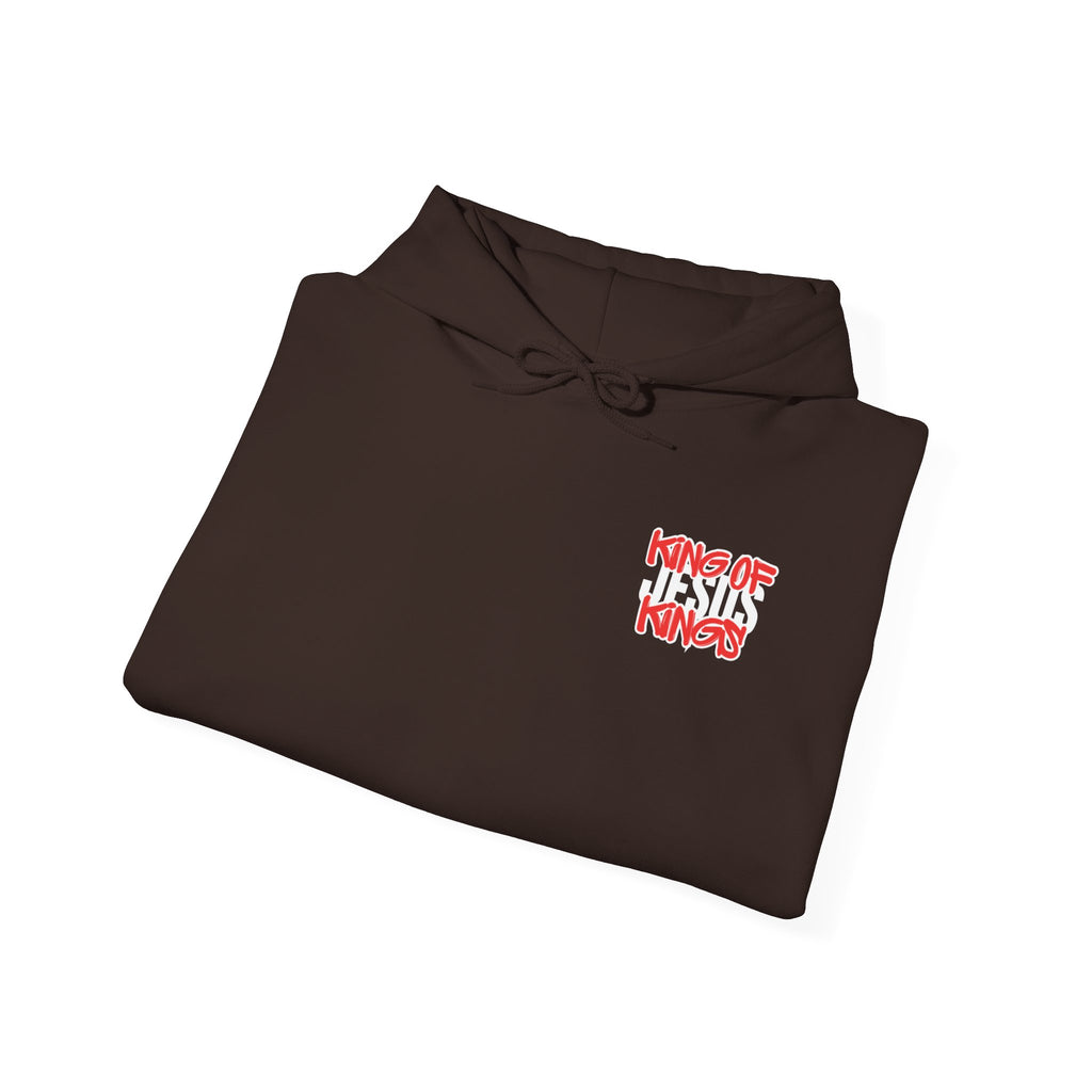 Dark brown hoodie sweatshirt with front chest graphic and hood drawstrings, laid flat