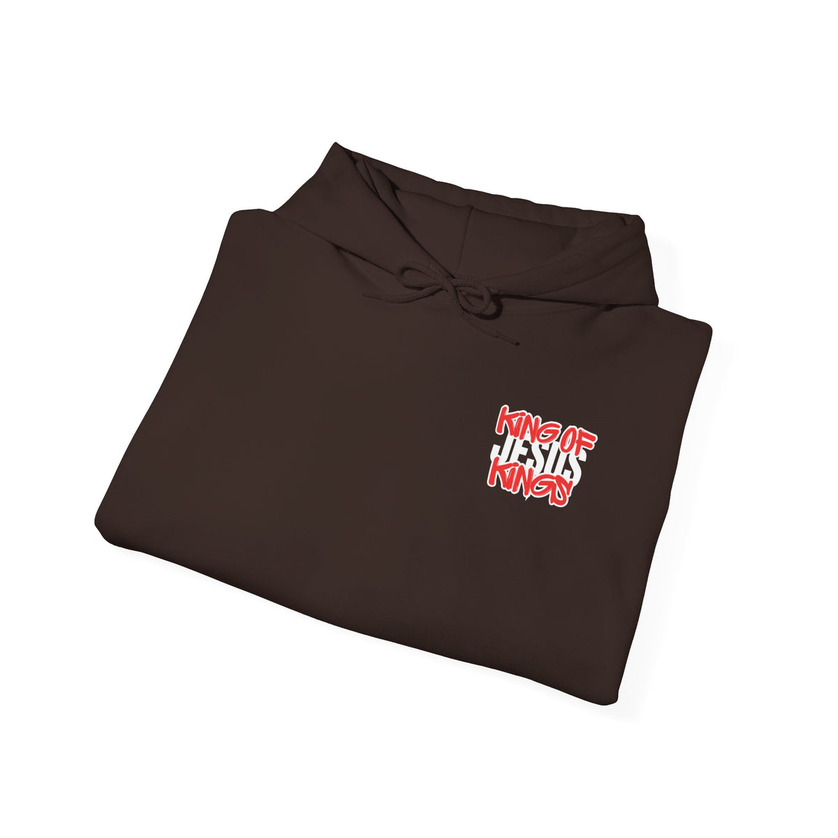 Dark brown hoodie sweatshirt with front chest graphic and hood drawstrings, laid flat